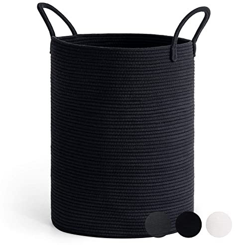 TIMEYARD Wäschekorb Groß, Laundry Basket, Aufbewahrungskorb mit Henkel Kinderzimmer Seil Baumwollkorb Handtuchkorb für Badezimmer Wohnzimmer, Korb für Decken Baby Spielzeug, 38x50cm, Schwarz