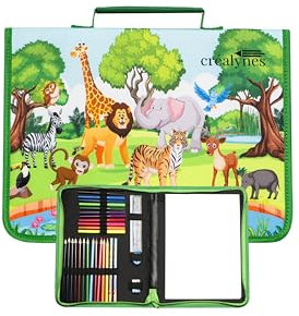 créalynes Zeichentasche für Tiere – vollständiger Zeichenkoffer und Zeichensets mit 12 Buntstiften, 12 Markern, Radiergummi, Anspitzer, Lineal, 2 grauen Bleistiften und Skizzenbuch inklusive, grün