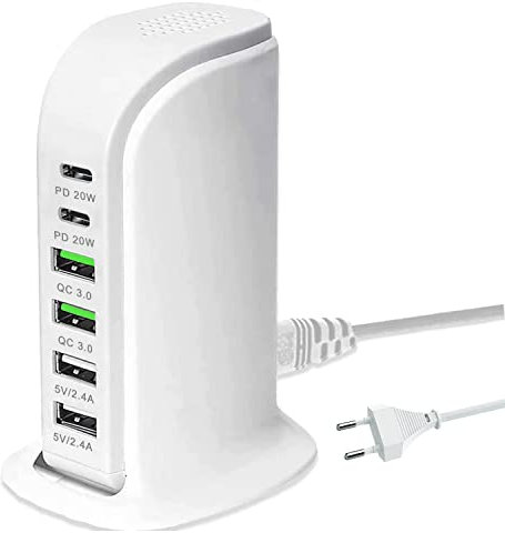 65 W 6 puertos USB cargador múltiple regalos para familiares y amigos, regalo de cumpleaños, estación de carga USBA, cargador universal para iPhone, Samsung, Pixel(blanco)