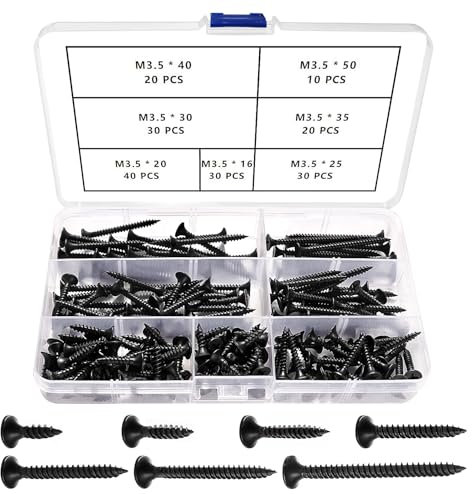 VooGenzek 180 PCS M3.5 Coarse Thread Point Drywall Screws Kit, Phillips Countersunk Drywall Screws, Plasterboard Wood Screw, for Plasterboard, Drywall and Wood, Black