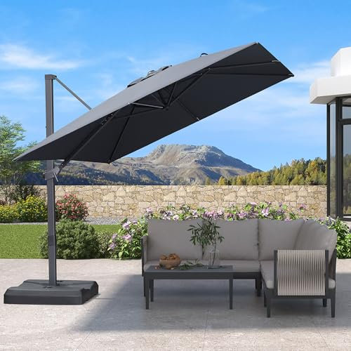 PURPLE LEAF Ampelschirm 270 x 270 cm Sonnenschirm quadratisch mit Kurbel, Gartenschirm neigbar, 360° Rotation, Bespannung Polyester, Marktschirm für Gärten, Cafés, Terrasse, Grau