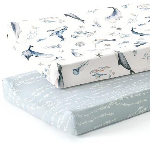 GRSSDER Stretch Ultra Soft Jersey Knit Changing Pad Cover Set 2 Pack, Change Table Pad Covers Fit 32/34 x 16 Pads Safe and Snug, Sea Fish Print for Girls and Boys