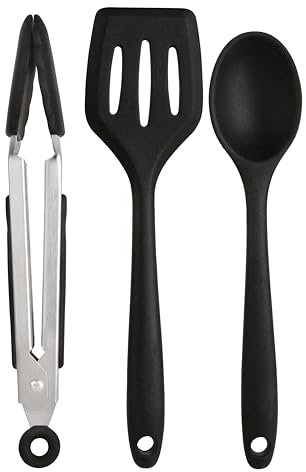Wiltshire Silicone Mini Kitchen Tongs, Serving Spoon & Turner Set of 3, Cooking Spoon Serving Tongs & Spatula, Salad Tongs Stainless Steel, Heat-Resistant, Non-Stick, Non-Scratch, Midnight Black