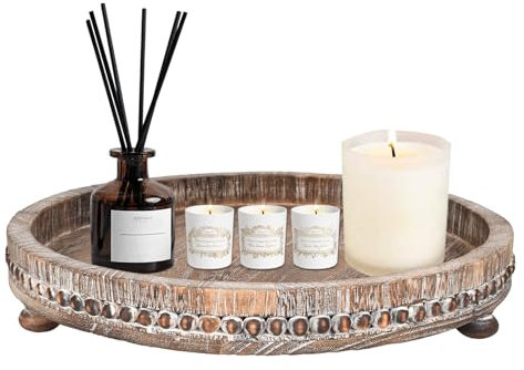 Deko Tablett aus Holz, Dekoteller Rund dekoratives Tablett im Bauernhausstil, 30cm Holztablett Tablett, Vintage Dekotablett mit Holzperlen Rand für Küche Klein Serviertablett für Kerzen Tischdeko