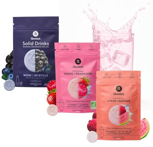 Qwetch SOLID DRINKS – 36 Pastilles d'hydratation avec Vitamines C & B – Boisson Sans Sucres – Saveurs Fraise&Framboise, Mûre&Myrtille, Litchi&Goyave – Vegan, Zéro Calories, Fabriqué en France