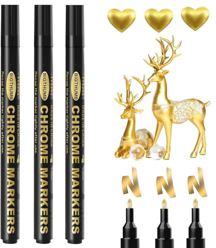 Femnow 3 Stück Lackstift, Lackstift Gold Metallic Wasserfest, Chrom Lack Marker 1mm, Lackstifte Chrom, Goldstift Metallic Marker Stifte für Auto, Modellmetall, Kunststoff, Glas