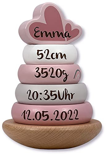 Mainely Personalisierbarer Holz-Stapelturm Rosa – fördert Feinmotorik & Koordination – für Kinder ab 12 Monaten – mit Name & Geburtsdaten - Label Label