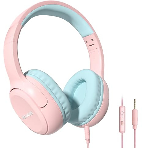MOXKING Barnhörlurar med kabel och mikrofon, Over-Ear-hörlurar med volymbegränsning, vikbart, 3,5 mm uttag, för flickor och pojkar, rosa