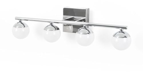 BARCELONA LED Aplique LED para baño Cromado 12W IP44 con 4 esferas difusoras. Luz blanca neutra 4000K. Barra de 49 cm. Lámpara de pared para Baño, illuminación moderna y funcional para espejo y lavabo