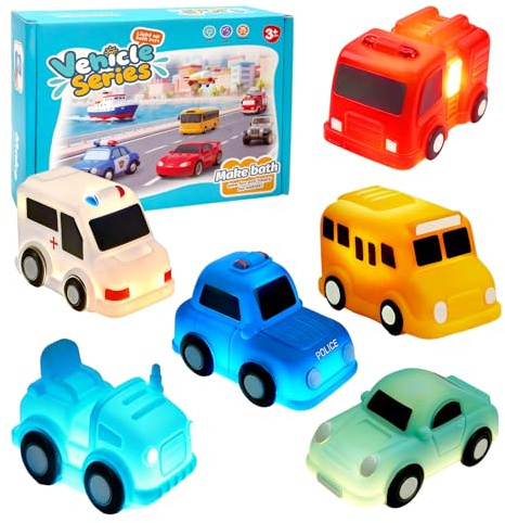 6 Pack Light Up Bath Toys for Toddlers, No Hole No Mould Bathtub Cars, LED Sensory Bath Time Toys for 1 2 3+ Year Olds, Baby Shower Toy for Boys & Girls