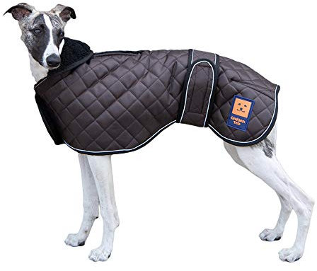 Ginger Ted Warm Harness Greyhound Whippet Lurcher Dog Coat size 30/76cm Brown - for sighthounds & narrow build dogs, warm lining, zip harness slot, reflective piping, jacket raincoat style