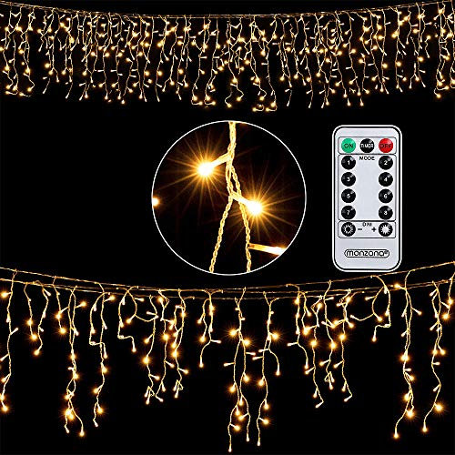 MONZANA® Lichterkette 200 LED 10m Fernbedienung 8 Leuchtmodi IP44 Innen Außen Regenlichterkette Lichtervorhang Eisregen warmweiß Weihnachtsbeleuchtung