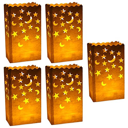 Stmarry 50 pcs White Luminary Candle Bags Special Lantern Luminary Bag with Stars Moon Durable and Reusable Fire-Retardant Material for Wedding Valentine Reception Engagement Event Marriage Proposal