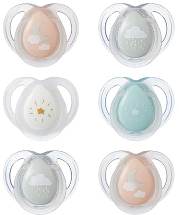 Tommee Tippee Night Time Pacifier, 0-6 Months, Symmetrical Silicone Baglet, BPA-Free Binkies, Glow in The Dark Technology, Pink Pastels, Pack of 6