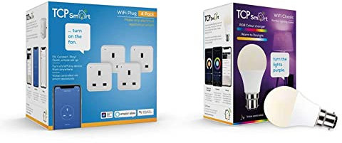 TCP 13A 240V 2.4Hz 2990W Smart Wi-Fi Socket 4-Piece Pack, White, TAYWISSINWUK4P & Smart Wi-Fi LED Lightbulb Classic B22 Colour Tuneable White & Colour Changing Dimmable