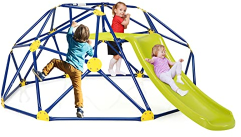 COSTWAY Dôme d'escalade de 241cm Enfant avec Toboggan, Cage d'escalade en Métal avec Coussin en Tissu, Charge Max 180kg, Aire de Jeux Extérieure Intérieure pour Garçons Filles de 3-10 Ans
