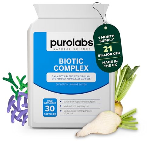 Purolabs Probiotic Complex for Gut Health | High Strength Probiotic for Men and Women | 21 Billion CFU with Prebiotic | 30 Vegan Capsules | Made in The UK