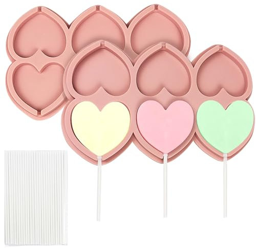 BFJ Lollipop Molds 2 pcs Silicone Chocolate Lolly Mould 6 Cavity Heart Shapes Lollipop Candy Moulds with 25 Sticks for Valentine's Day