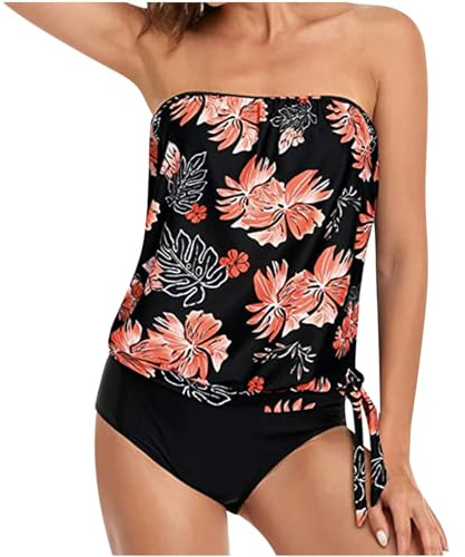 Bandeau - Traje de baño para mujer, tankini de dos piezas sin tirantes, con control de abdomen, estampado vintage, camiseta sin mangas y pantalones cortos, traje de baño de cintura alta, rosa, S