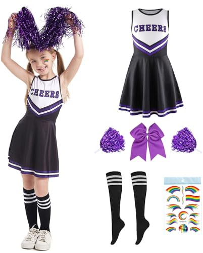 PASLFC Cheerleader Kostüm, Cheerleadering Outfit, Cheerleading Uniform Kleid, Cheer Outfit mit Pompoms Socken, Kostüm Cheerleader für Karneval Halloween, Fasching, Mottoparty