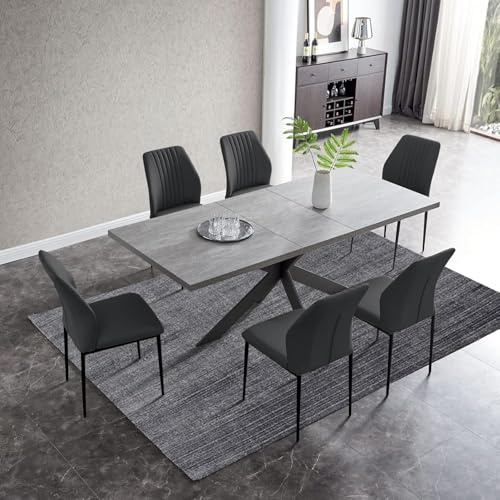 JIEXI Utdragbart matbord och stolar, set med modernt matbord och stolar, 4–6-sits, MDF-platta lämplig för vardagsrum, kök, längd 130–170 cm (bord + 6 svarta stolar)