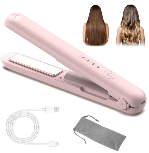 HUIJUTCHEN Cordless Hair Straightener, Mini Travel Flat Portable Wireless Rechargeable 2 in 1 Straightener and Curler Styling Tools Quick Heat Up & 4 Temp Adjustable Present for Women Christmas(Pink)