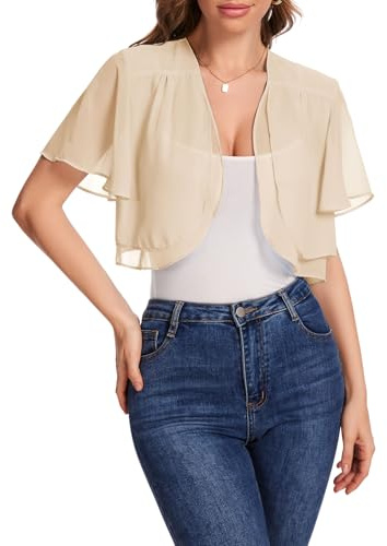 Bbonlinedress - Bolero da donna per occasioni speciali, in chiffon, cardigan elegante a maniche corte, stile casual, bolero con parte anteriore aperta, giacca a spalla, champagner, L