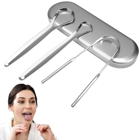 1 raschietto per lingua con custodia, 3 in 1 set – raschietto per lingua in acciaio inossidabile premium per adulti, spazzola lingua, pulitore e lava-lingua per igiene orale e alito fresco.