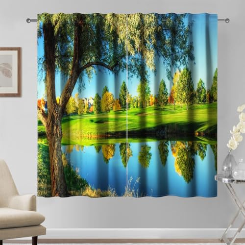 Kzzfqxb Tende 135x229cm 2 Pannelli, Campagna Cielo Azzurro Prato Curvo Alberi Verdi e Gialli Ombre in Chiaro Fluviale Tendaggi, Decorazioni Pittoresche per Camera da Letto e Soggiorno