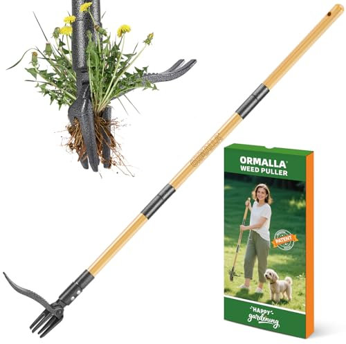 Ormalla Désherbeur Manuel 1.1m Longueur, Arrache Pissenlit, Manche en Bambou Naturel et 4 Griffes en Métal, Désherbeur de Jardin Debout avec des Gants de Jardinage, Adapté Aux Animaux (Upgrade)