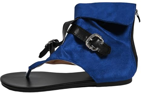 Chaussures pour femme noires élégantes sandales romaines avec boucle de ceinture en denim, grandes chevrons montantes, bottes cool, chaussures d'été pour femme, bleu, 39 EU