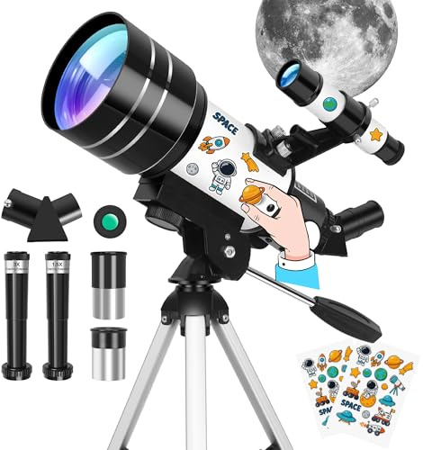 Telescopio Astronómico para Adultos&Niños Principiantes, 15-150X, Telescopios Refractor de 70/300mm con Pegatinas&Trípode de Mesa&Filtro Lunar, Telescopio Profesional para Observación Terrestre&Lunar