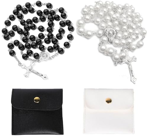 YUBBYSTU 2 cuentas de rosario para mujer, collar de rosario católico con perlas sintéticas, estilo liso, regalo espiritual para oración y meditación