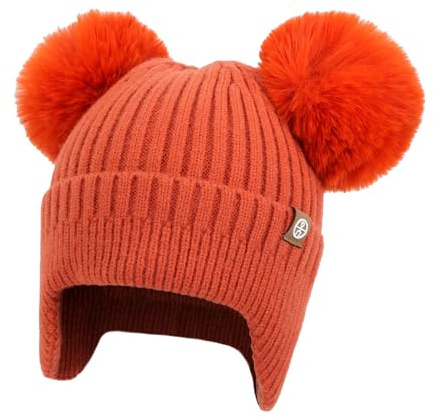 TAGVO Vintermössa för barn med öronskydd, dubbel pompon stickad mössa av ullblandning, varm och mjuk för pojkar och flickor 2–8 år, apelsin, one size
