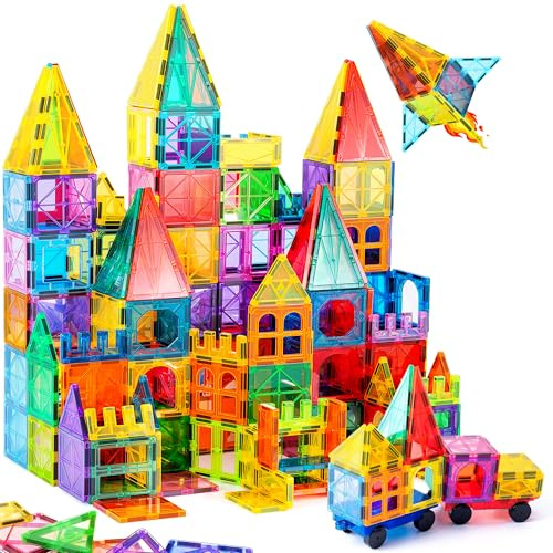 ZMAXKIC Magnetic Tiles, 135PCS Magnetic Building Blocks with 2 Cars, Large Magnet Building Set,STEM Sensory Educational Toys Gift for Toddlers Kids Boys Girls.