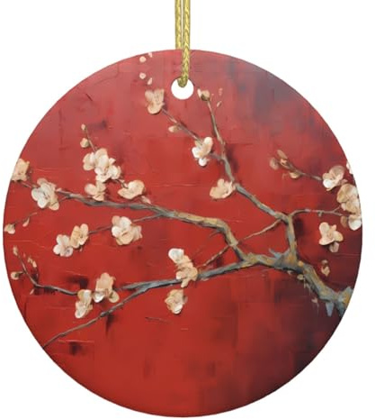 Open apricot blossoms Patterned ceramic Christmas ornaments - round. Suitable for Christmas trees, holiday parties, and home décor