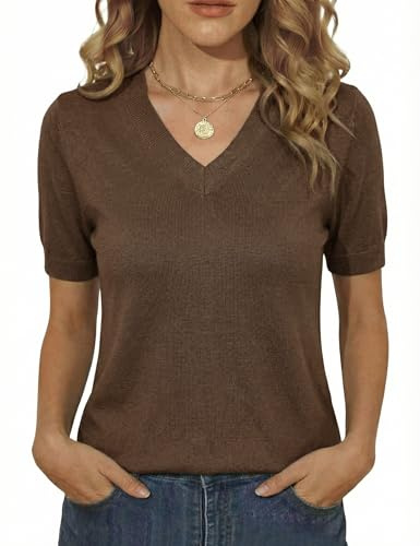 Totatuit Pull Femme Manches Courtes Col V Top Tricoté Coupe Cintrée Haut | Style Élégant, Tenue Quotidienne, Facile à Associer, Style Polyvalent