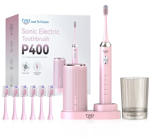 JTF Spazzolino Elettrico Sonico con Stazione di Ricarica Wireless con Luci UV e Asciugatura, 5 Modalità di Igiene Orale, Set da 6 Testine di Ricambio + Bicchiere, Ricaricabile per Adulti Casa(Rosa)