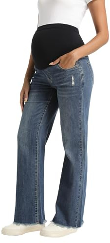 Gowjog Vaqueros de Maternidad de Pierna Recta con Dobladillo Crudo y Cintura Alta con Soporte Abdominal y Bolsillos para Uso Diario Vintage Azul XL