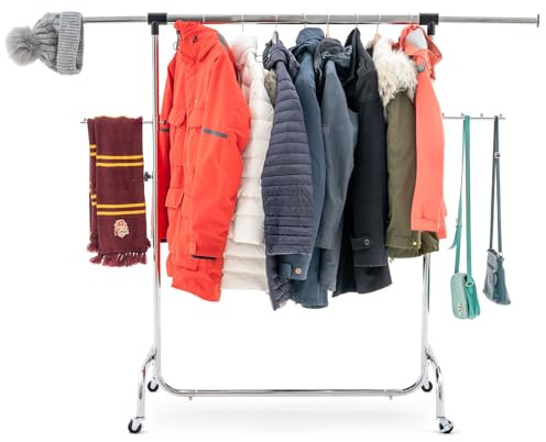 Tatkraft Falcon - Schwerlast Kleiderständer auf Rädern, verstellbare Kleiderstange 138-188X49,5X106-179 cm, Groß Garderobenständer, Verchromt Stahl