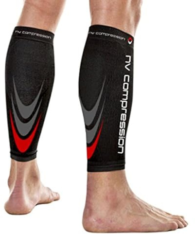 NV Compression 365 Calentadores de pantorrilla de compresión Negros - Compression Calf Sleeves - Black - For Sports Recovery, Work, Flight - Running, Cycling, Fitness, Gym, Golf (Negro/Rojo, Med)