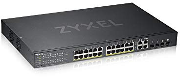 Zyxel Nebula Switch Ethernet intelligent administrable, 24 ports Gigabit, PoE+, budget d’alimentation de 375 W, 4 ports combinés Gigabit et mode Cloud hybride, Garantie à vie [GS1920-24HPv2]