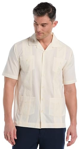 Cubavera, Camisa Guayabera Bordada auténtica de Tela Transpirable para Hombre, con Cuatro Bolsillos, Cuello de Campamento, Manga Corta con Botones, Marfil, X-Large