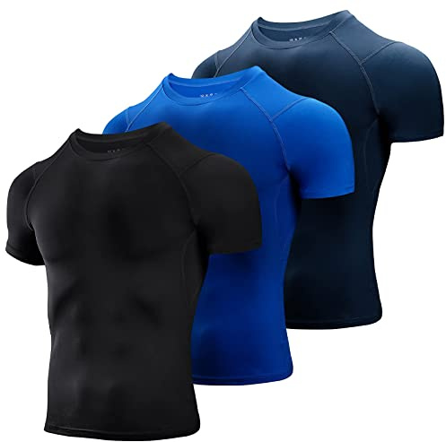 Niksa 3-pack kompressionstoppar för män kortärmad löpartopp för män snabbtorkande baslager topp för gym sport fitness träning cykling, träning, Svart-blå-marinblå, XXL