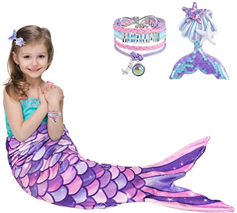 WERNNSAI Couverture Queue de Sirène - Molleton Mermaid Couverture avec Bracelet en Épingle à Cheveux à Sequins pour Enfant Filles Adultes Violet Cadeau d'anniversaire 140 x 60 CM