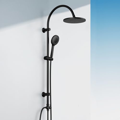 Florenta Regendusche Duschsystem ohne Armatur, Duschset mit Edelstahl U förmige Duschstange, ABS Kopfbrause und 4 Strahlarten Handbrause D20cm Mattschwarz