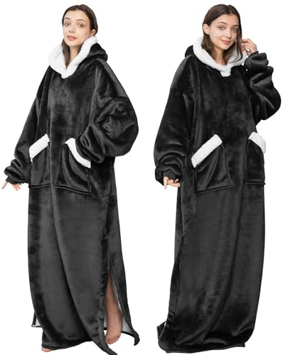 Emwwat Coperta con cappuccio extra lunga, oversize, in sherpa, per donne e uomini, coperta indossabile con cappuccio con maniche e tasca gigante (Nero)