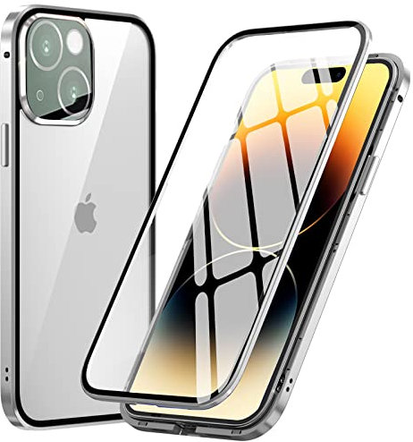 MIMGOAL for iPhone 14 Magnetic Case 360 Degree Full Body Cover, Front and Back Tempered Glass Transparent Cover, Shockproof Protective Metal Bumper [Built-in Camera Protector], Silver