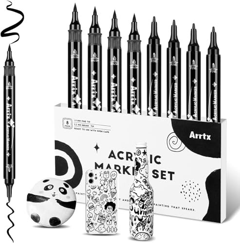 Arrtx Schwarze Acrylfarbenstifte, 8er Set Dual-Tip(Pinsel und feine Spitze) Acrylmarker Schwarz für Felsmalerei, Acrylmalzubehör zum Zeichnen, Holz, Graffiti, Leinwand, Osterei