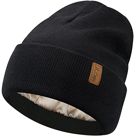 Bequemer Laden Femmes Hiver Chaud Satin Doublé Bonnet Tricot Slouchy Chapeaux Soie Doublure Ski Bonnets pour Femme Homme, Noir, Taille Unique